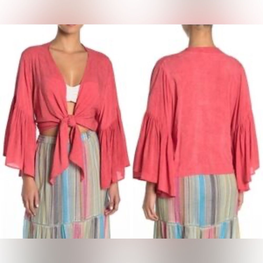 Elan Bell Sleeve Tie Front Top Salmon Color OS